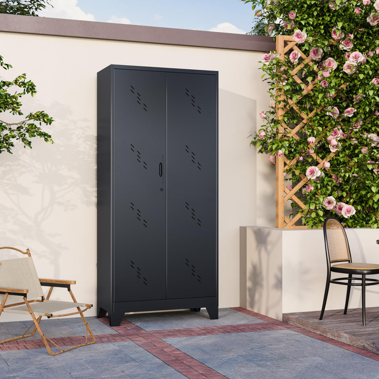 YILFANA Metal Storage Cabinet with Lockable Doors, 75" Steel Storage Locker Tool Cabinet with Hanging Rod & S-Hooks, Tall Garage Cabinets, Black, 75" H x 33.85" W x 16.53" D YILFANA