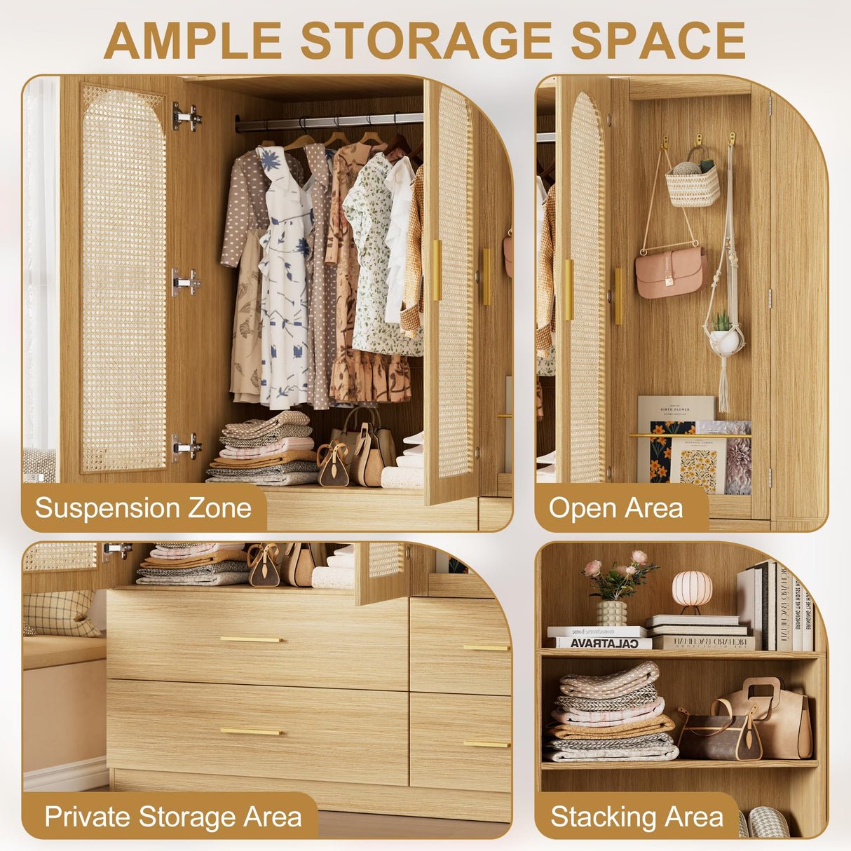 PAKASEPT 3 Doors Farmhouse Armoire Wardrobe Closet with Rattan,71'' Tall Freestanding Wooden Wardrobe Storage Cabinet for Bedroom with Hanging Rod,Vanity Mirror,Drawers,Clothes Hook,Shelves,Natural PAKASEPT