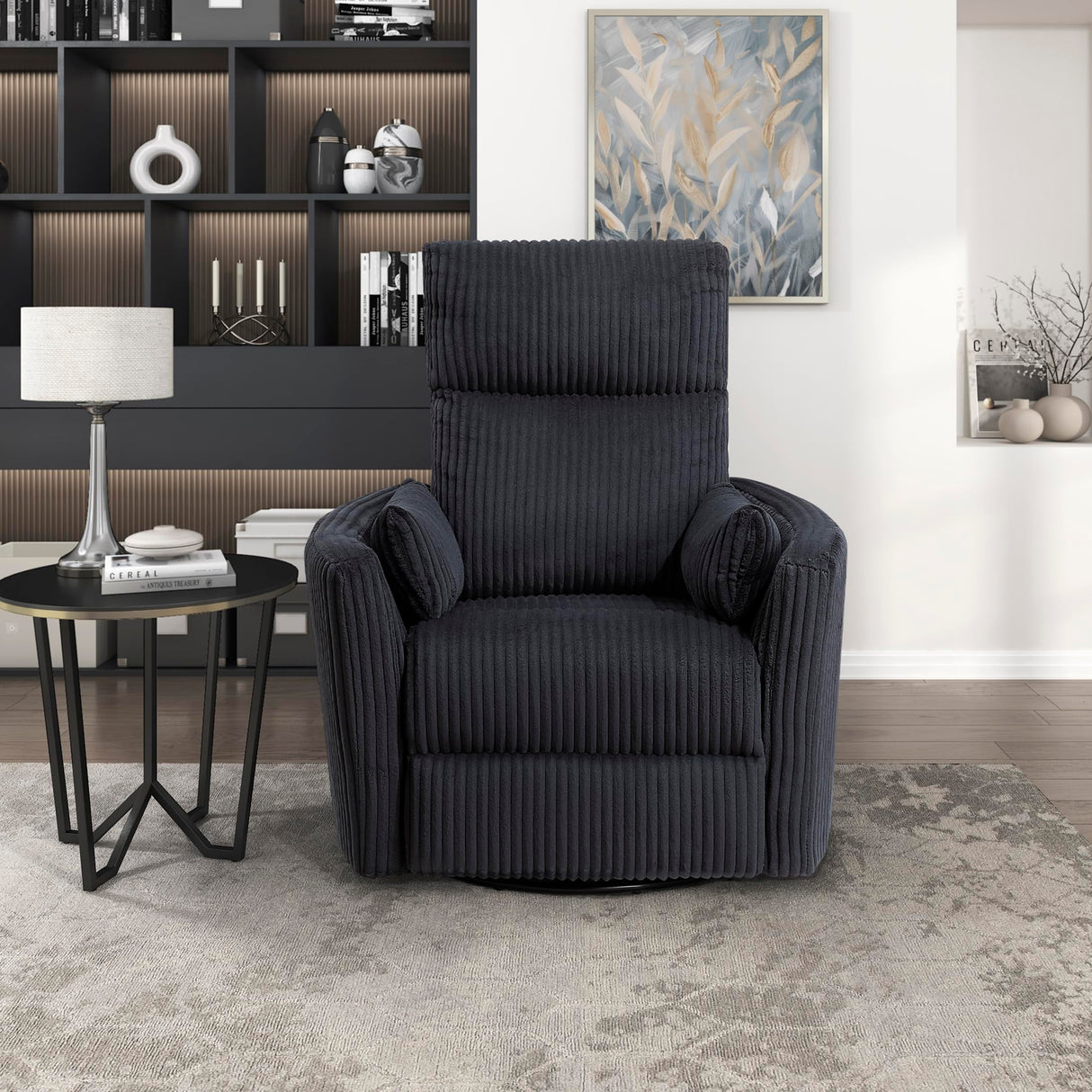 Lexicon Modern Swivel Glider Recliner Chair, Nursery Glider, Corduroy Fabric Upholstery Recliner with 2 Lumbar Pillows, Manual Reclining Sofa Chair for Living Room/Office/Apartment, Black Lexicon