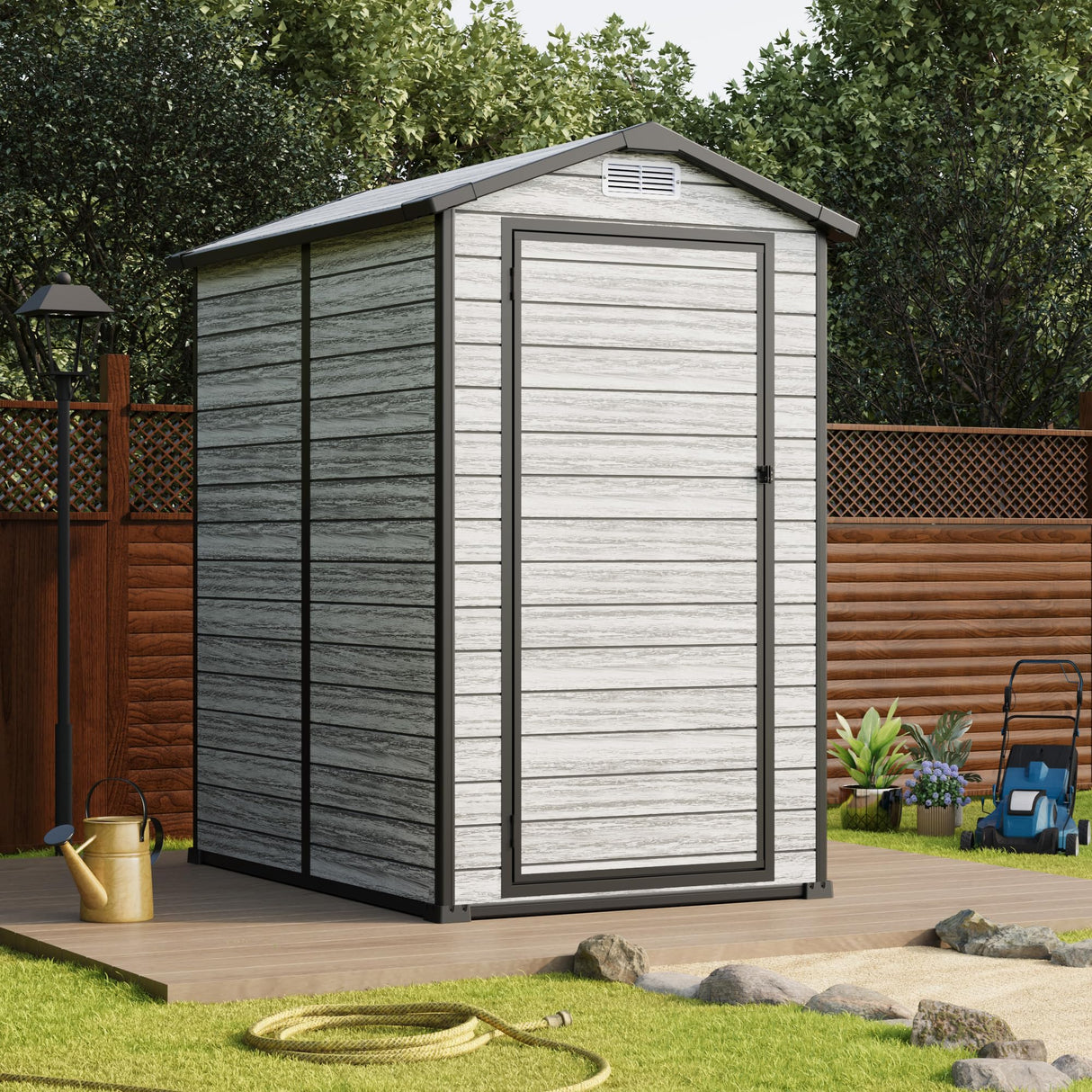 All-Weather Resin Shed with Window, Outdoor Plastic Garden Shed with Lockable Door and Vents, Outdoor Resin Storage Sheds for Tool, Bike, Backyard, Patio Reljofum