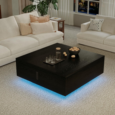 Square Lift Top Coffee Table, 31.5" Wooden Coffee Table with 2 Drawers & Hidden Storage, LED Lights & Charging Station, Mid Century Modern Center Table for Living Room Home Office (Black) YKVIQBY