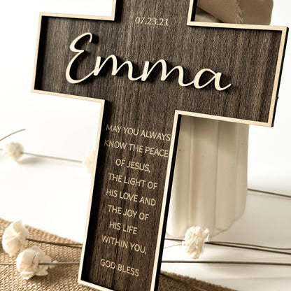 Personalized Engraved Wooden Cross, Christian WoodCcross for Baptism, Holy Communion, Confirmation or Newborn Gift Keepsake with Custom Name and Date with Message - WoodArtSupply