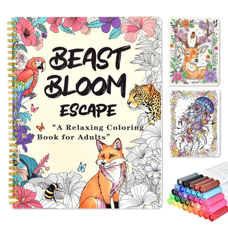 Adult Coloring Book Set with 36 Dual-Tip Markers, 32 Floral & Animal Pages, Spiral Bound Gifts for Adults Relaxation, Creative Christmas Gifts for Women and Loved Ones INSADA