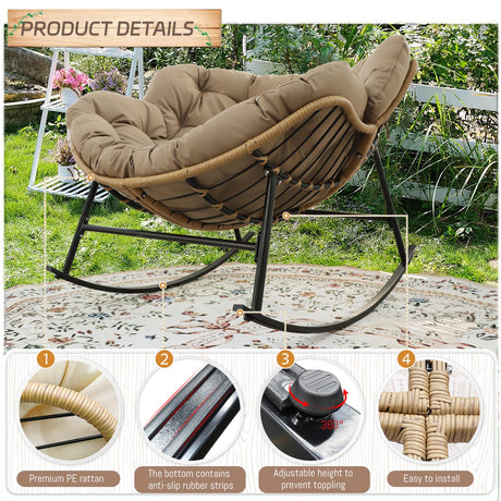 BULEXYARD Oversized Papasan Rocking Chair Indoor Outdoor 450lbs, Brown Wicker Royal Rocking Egg Chair with Brown Thick Cushion, Cozy Recliner Lounge Rocker for Balcony, Porch BULEXYARD