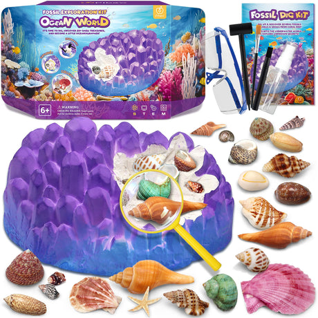 PIBEX Ocean Fossil Dig Kit, Dig up 20+ Real Shells & Seasnails, STEM Educational Activity Set Sea Creatures Excavation Toy for Kids, Marine Biology Geology Science Kit, Gift for Boys and Girls Age 6+ PIBEX
