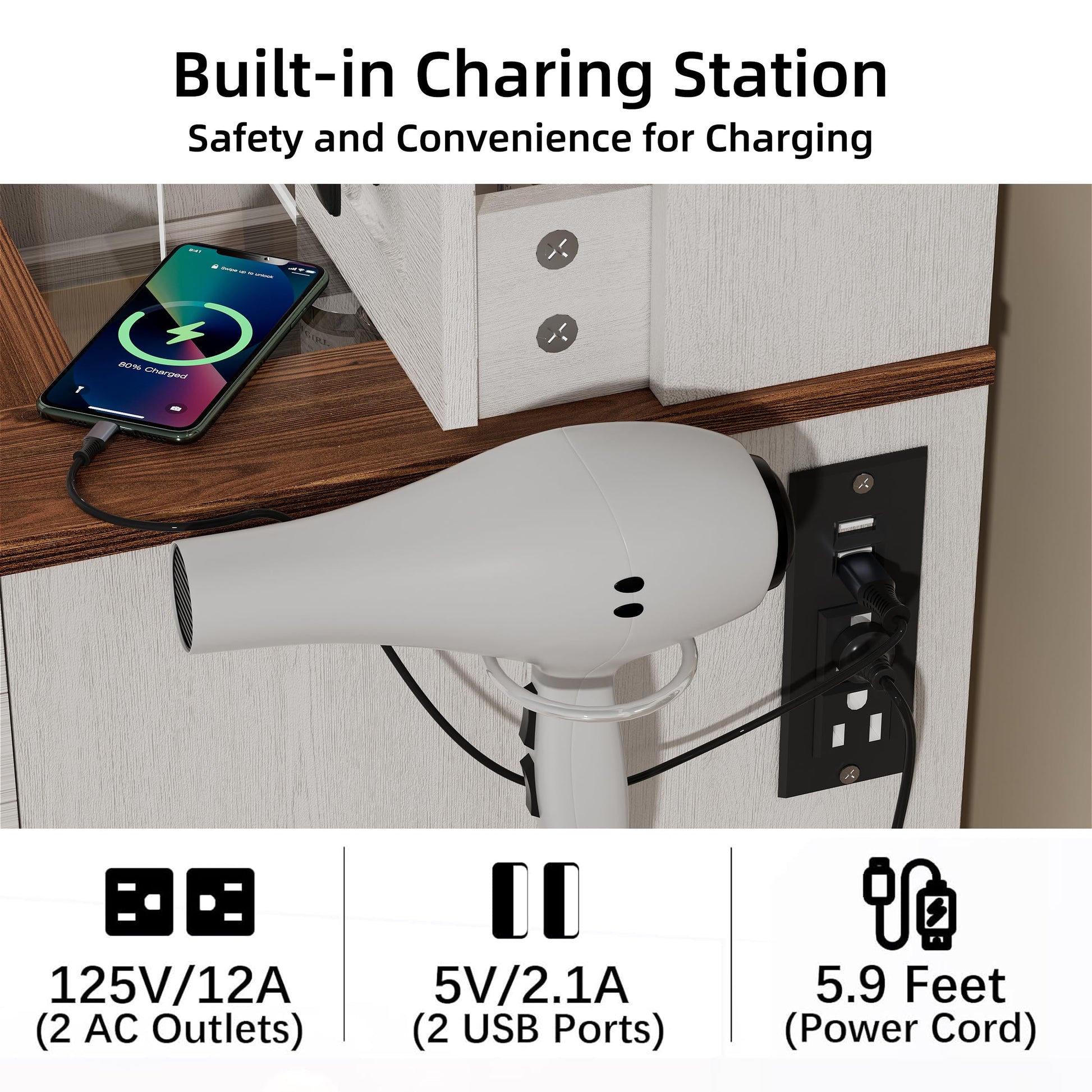 PAKASEPT Vanity Desk with Sliding Mirror and Lights, Glass Tabletop Makeup Vanity with 3 Lighting Modes, White Vanity Table with Power Strip&Hooks, Hidden Shelves, Girls Bedroom Vanities Set - WoodArtSupply