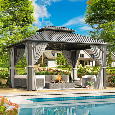 VIWAT 10x12 FT Hardtop Gazebo with Aluminum Frame, Galvanized Steel Double Roof Gazebo with Nettings and Curtains, Permanent Outdoor Metal Pavilion for Patio, Deck, Lawn and Garden, Gray