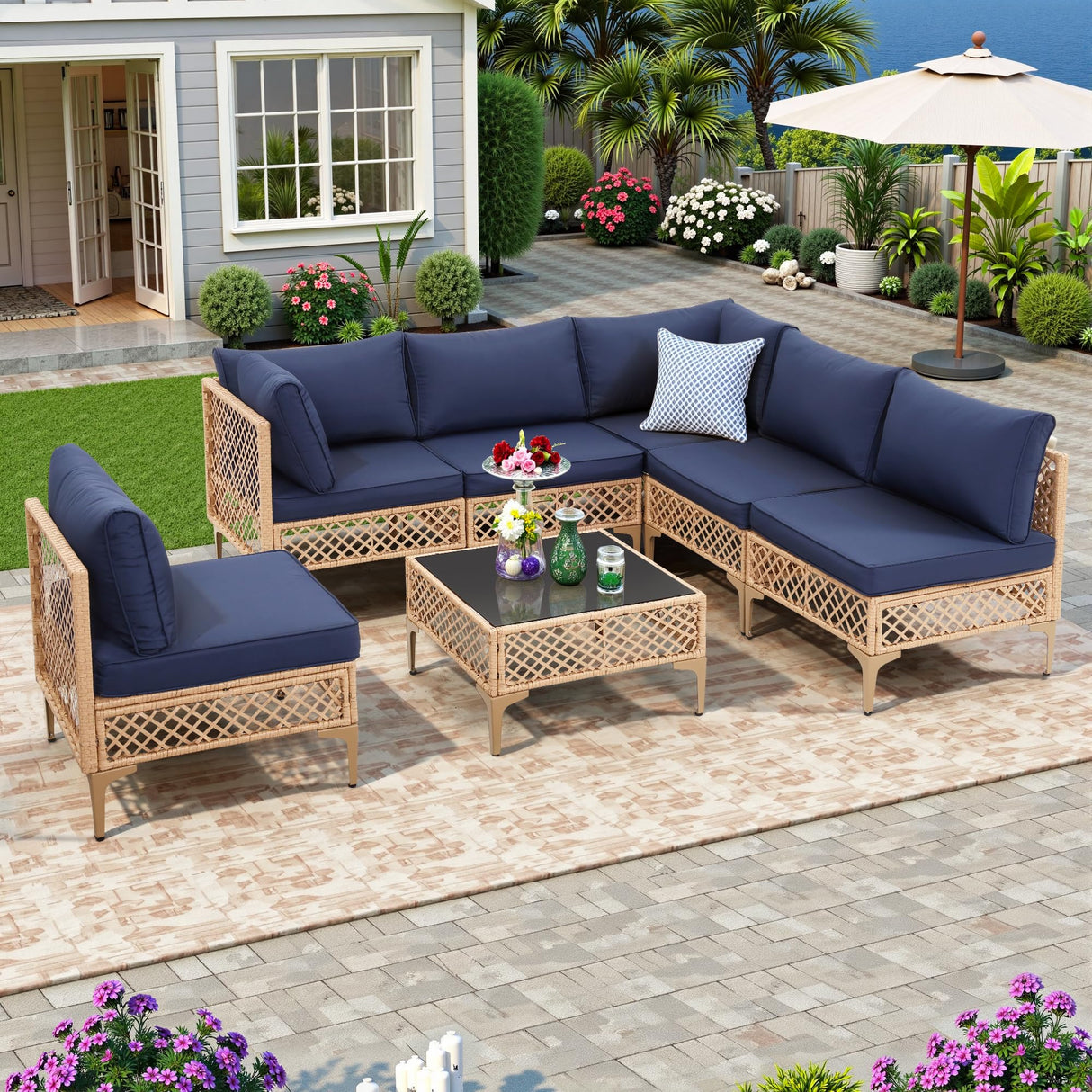 FHFO 7 Piece Outdoor Wicker Patio Furniture Set, Rattan Sectional Sofa Couch, Patio Conversation Set with Cushion & Coffee Table, for Backyard Poolside Porch Garden, Yellow/Blue FHFO