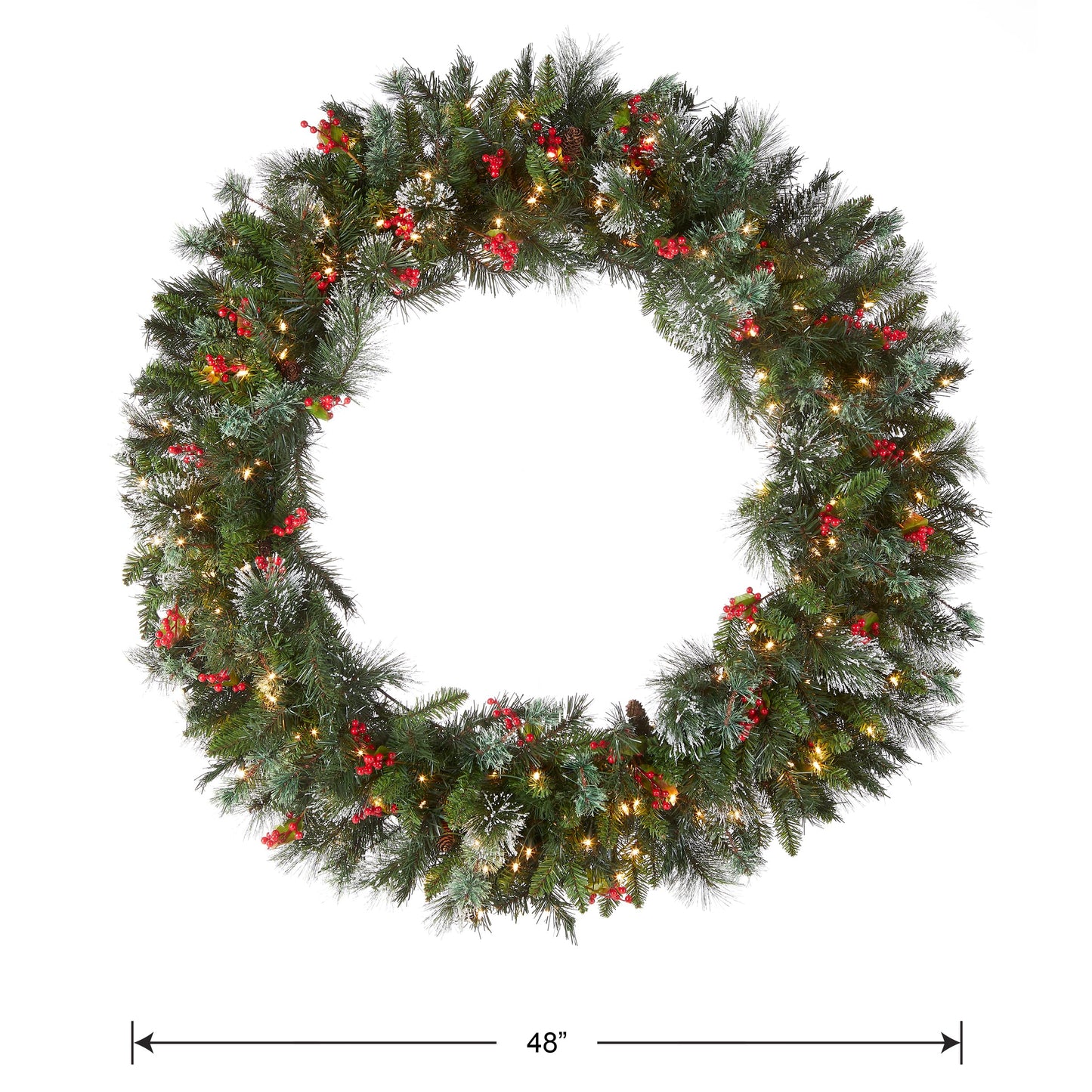 National Tree Company Pre-Lit Artificial Christmas Wreath, Green, Wintry Pine, White Lights, Decorated with Pine Cones, Berry Clusters, Frosted Branches, Christmas Collection, 48 Inches