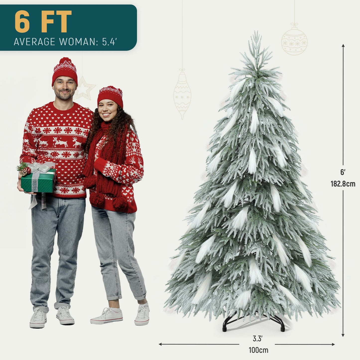 YITAHOME Pre-Lit Flocked Natural Drooping Pampas Christmas Tree, 6ft Snow Flocked Artificial Christmas Tree with 355 PE Branch Tips, 30 Feathers and 400 Lights for Home, Office, Party Decoration