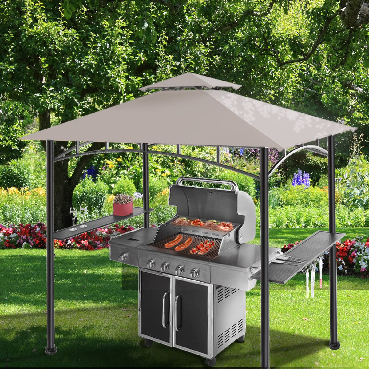 FAB BASED 5x8 Grill Gazebo Canopy for Patio, Outdoor BBQ Gazebo with Shelves & Extra 2 LED Light(Grey) FAB BASED