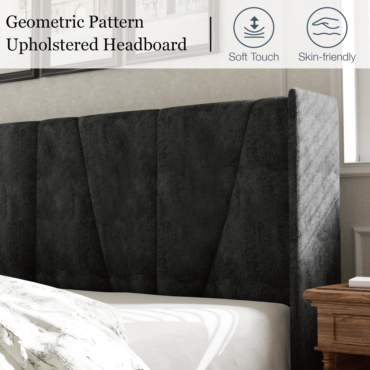 HAOARA Queen Size Bed Frame with Headboard, Velvet Upholstered Platform Bed Frames, Contemporary Mattress Foundation, Noise Free, No Box Spring Needed, Easy Assembly, Black HAOARA