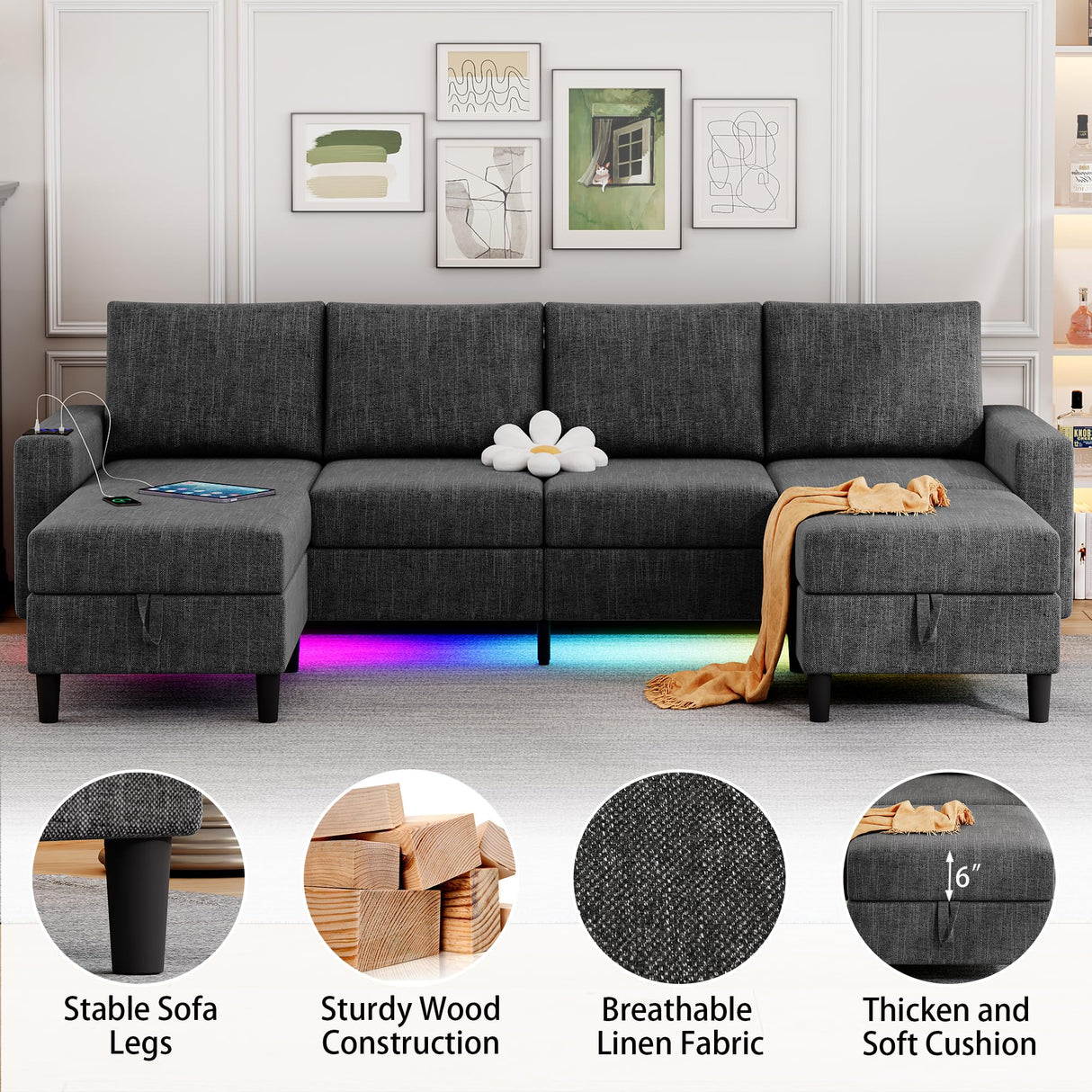 HYZQ Sectional Couches for Living Room, 4 Seat Linen Sectional Sofa with Reversible Chaise Lounge/Storage Ottoman, U Shaped Couch with Smart Module-Wireless Charging/USB/Type-C/RGB Light (Dark Grey) HYZQ