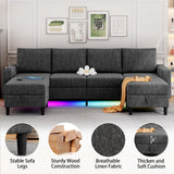 HYZQ Sectional Couches for Living Room, 4 Seat Linen Sectional Sofa with Reversible Chaise Lounge/Storage Ottoman, U Shaped Couch with Smart Module-Wireless Charging/USB/Type-C/RGB Light (Dark Grey) HYZQ