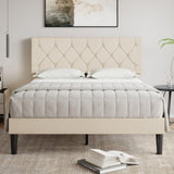 VECELO Full Size Bed Frame with Button Tufted Headboard, Upholstered Platform with Wooden Slat Support, No Box Spring Needed, Beige VECELO