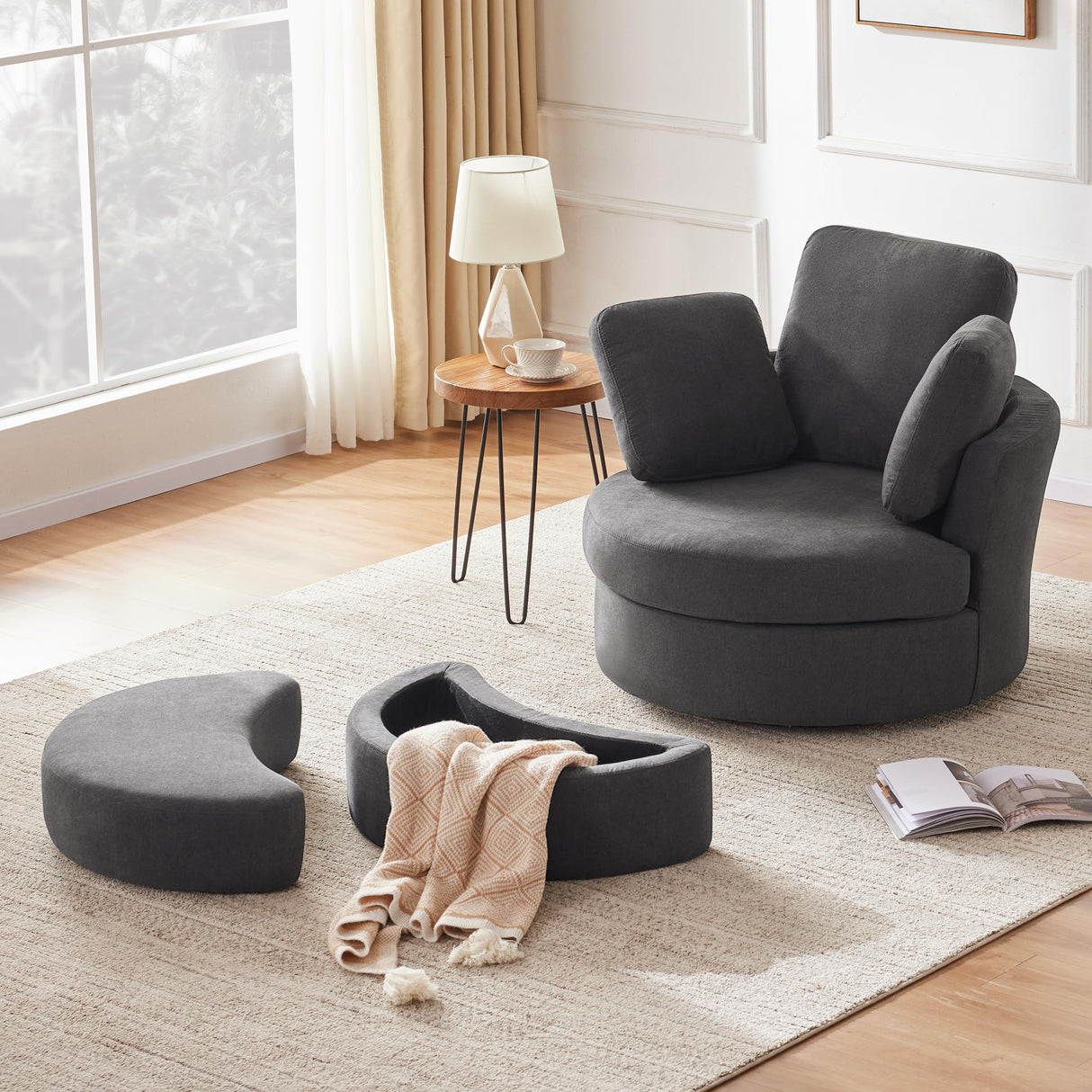 Huatean Home 39” Swivel Accent Barrel Chairs with Removable Headrest, Chaise Lounge Indoor with Neck Support Pillow, Oversized Chair with Ottoman,Swivel Chairs for Living Room, Grey Huatean Home