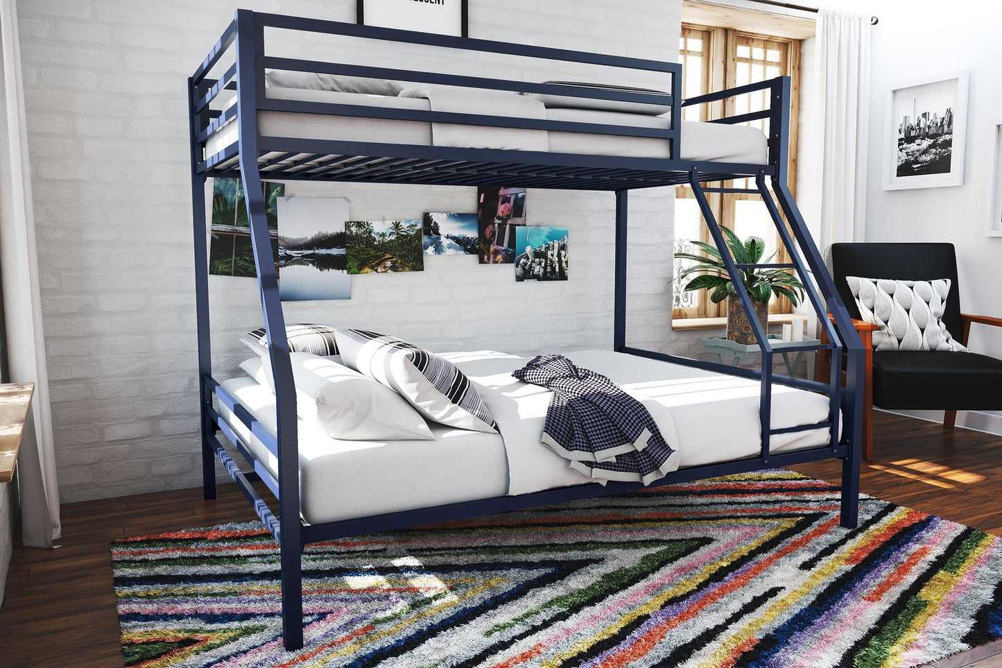 Novogratz Maxwell Twin-Over-Full Metal Bunk Bed with Ladder and Guardrails, Navy Blue