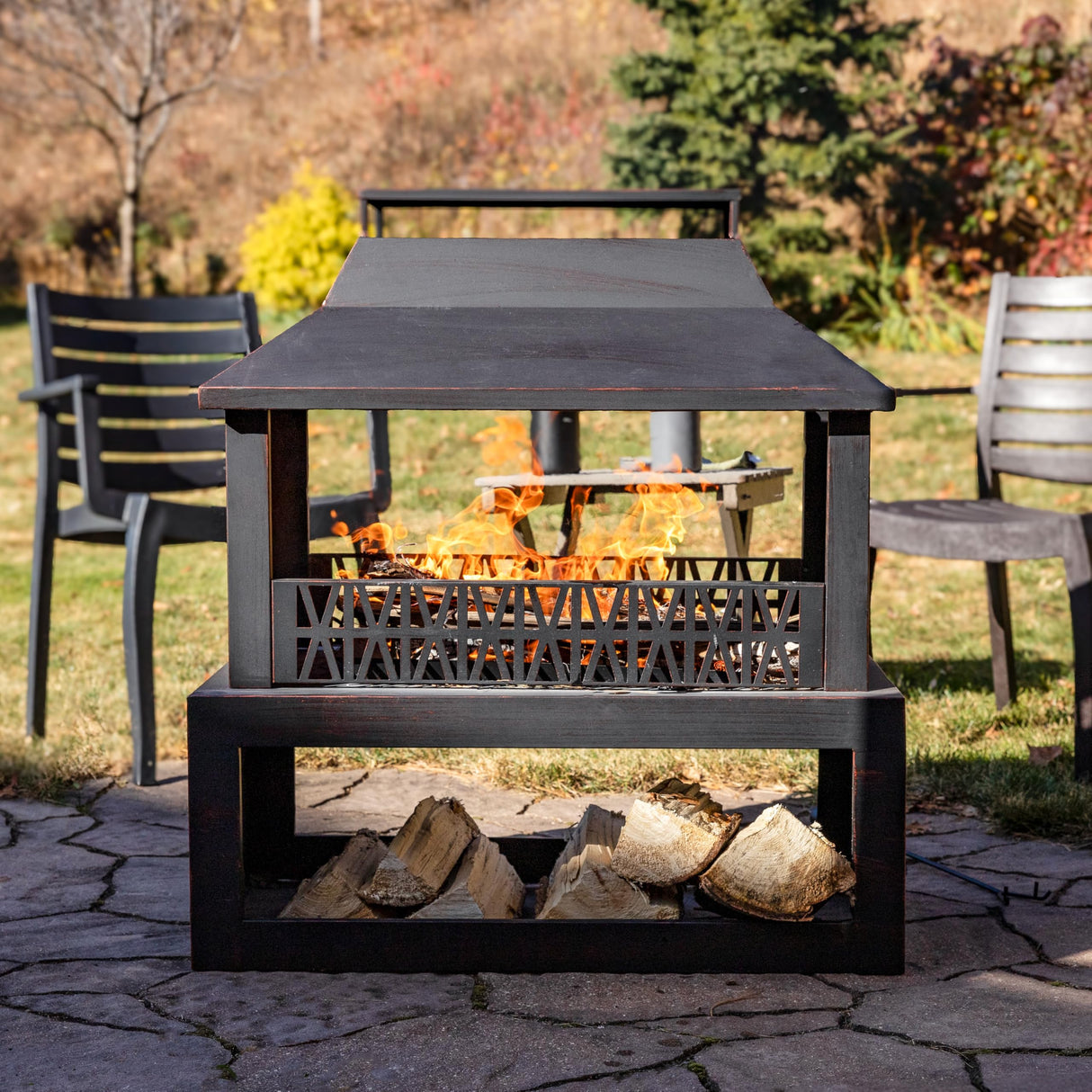 Sunnydaze Backyard Blaze 35-Inch H Heavy-Duty Steel Outdoor Fireplace with Built-in Log Storage - Includes Protective Cover - Brushed Bronze Sunnydaze