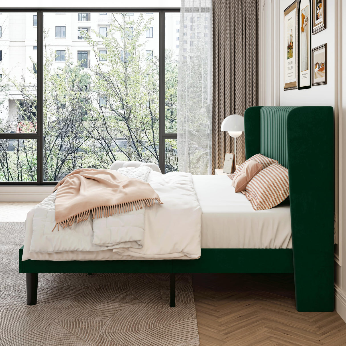 SHA CERLIN King Size Velvet Bed Frame with Vertical Channel Tufted Wingback Headboard, Upholstered Platform Bed with Wood Slats, No Box Spring Needed, Easy Assembly, Green SHA CERLIN