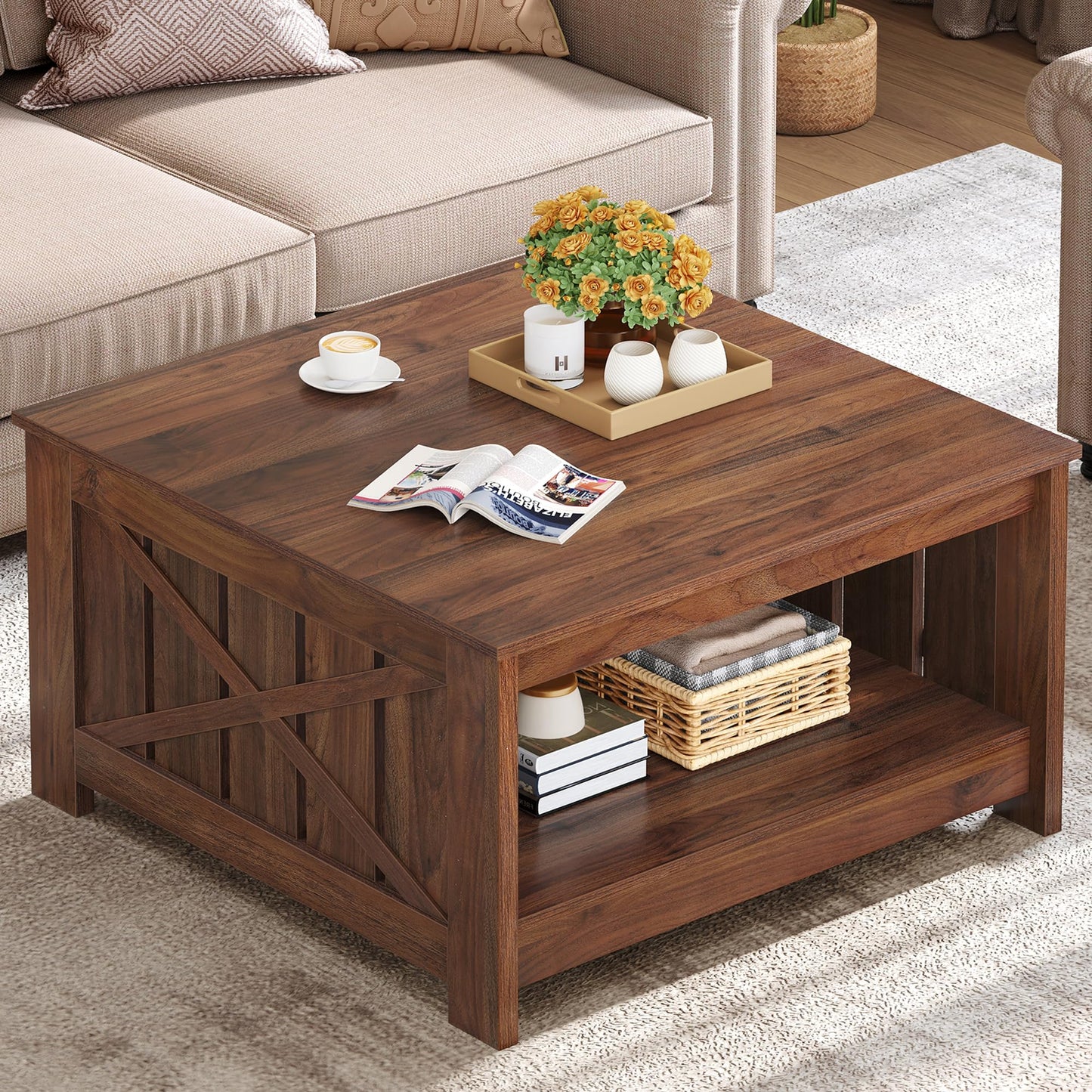 YITAHOME Coffee Table Farmhouse Coffee Table with Storage Rustic Wood Cocktail Table,Square Coffee Table for Living Meeting Room with Half Open Storage Compartment,Espresso