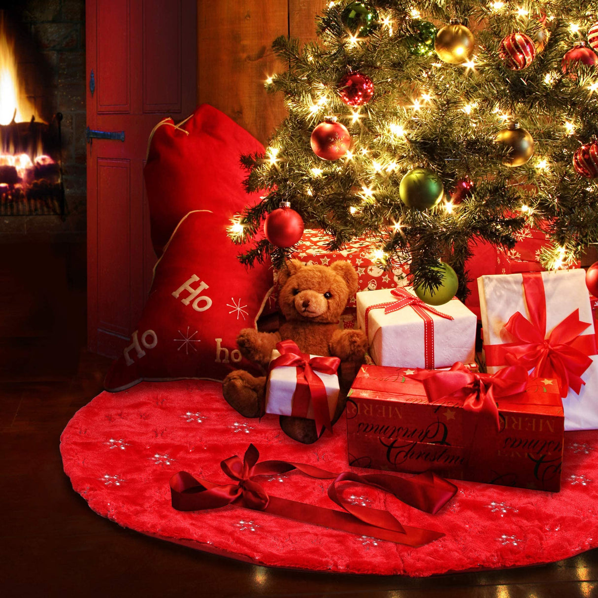 TOBEHIGHER Christmas Tree Skirt - 48 Inches Large Red Tree Skirt with High - End Soft Faux Fur Tree Skirt for Christmas Decorations Indoor Outdoor - Red TOBEHIGHER