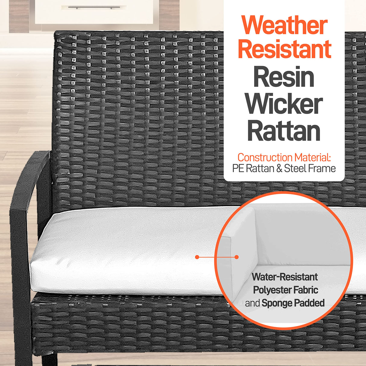 SereneLife Outdoor Living Rattan Furniture, Includes 1 Double & 2 Single Chairs with Cushion & 1 Glass-top Coffee Table 4 Piece Conversation/Chat Set, (Off Black) SereneLife