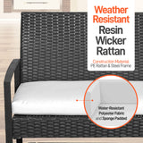 SereneLife Outdoor Living Rattan Furniture, Includes 1 Double & 2 Single Chairs with Cushion & 1 Glass-top Coffee Table 4 Piece Conversation/Chat Set, (Off Black) SereneLife