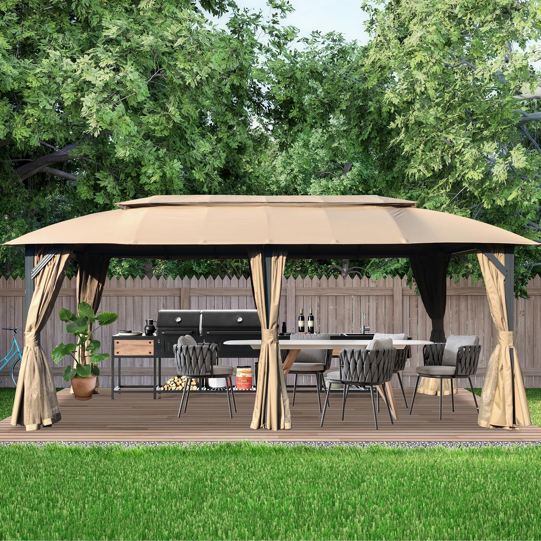 Domi Gazebo 10x20FT, Outdoor Gazebo with Double Roofs, Privacy Curtains, Mosquito Nettings, Heavy Duty Metal Frame Party Tent Canopy for Patio, Backyard, Deck, Lawn, Brown - WoodArtSupply