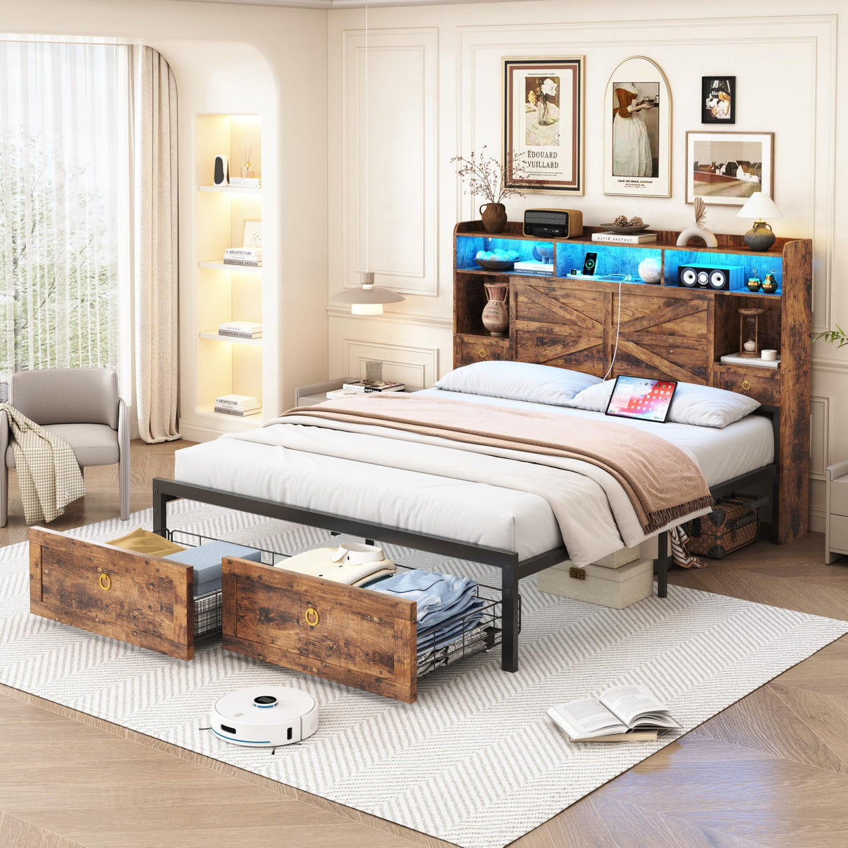 TIGUBFRE Queen Bed Frame with 4 Drawers Bookshelf Headboard, Farmhouse Bed Frame with Charging Station & LED Lights, Metal Slats Support, Noise Free, No Box Spring Needed Rustic Brown TIGUBFRE