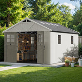 Patiowell 10 x 14 FT Outdoor Storage Shed, Plastic Shed with Floor and Skylight, Resin Storage Shed with Four-Window and Lockable Door for Garden, Patio, Backyard, Beige Patiowell