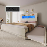 YITAHOME Beds with Trundle, Full Size Bed Frame with Bookcase Daybed Storage Headboard and Charging Station, RGB LED Lights Bed with Wooden Support for Bedroom, No Box Spring Needed, Noise Free, White YITAHOME