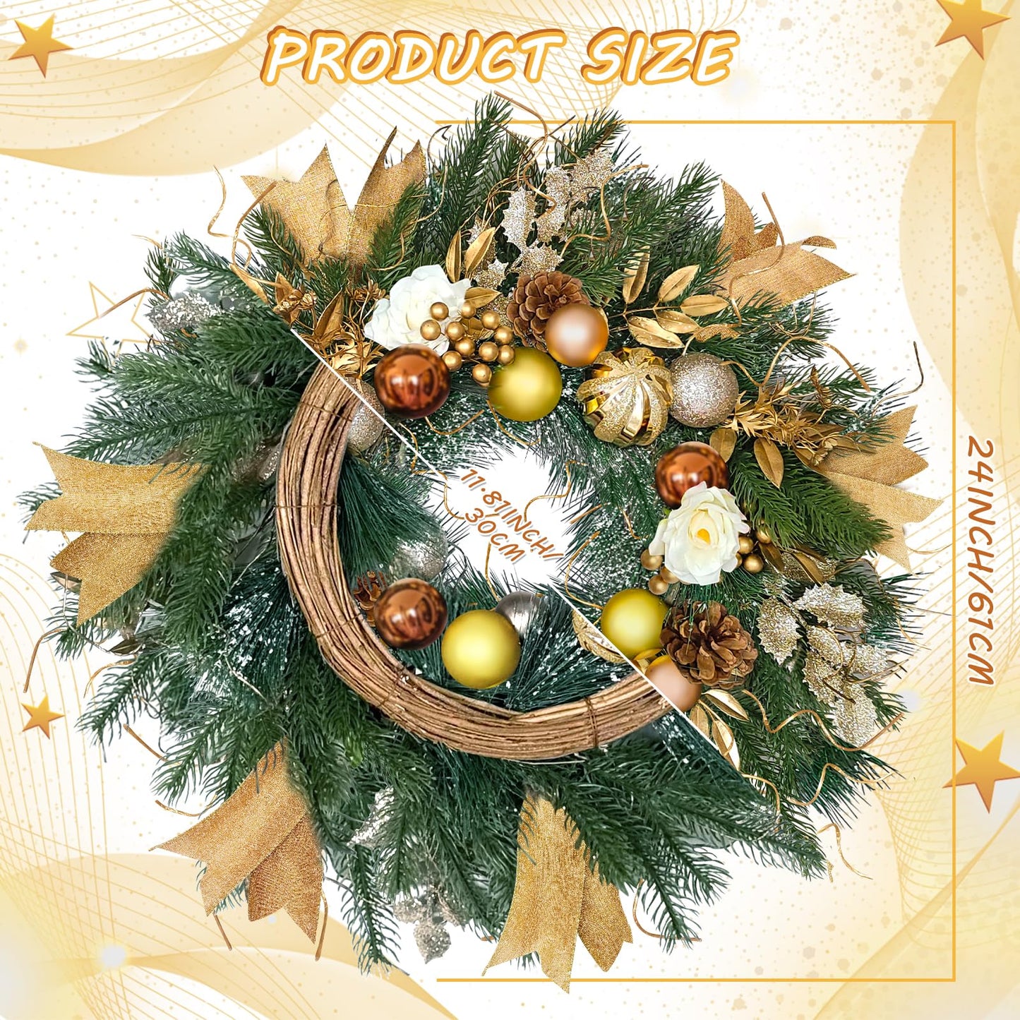 Christmas Wreaths for Front Door with Lights,24 inch Gold Large Christmas Wreaths Outdoor,Decorated with Christmas Ball,Pine Cones,Branches,Rose,Ribbon,Berry for Thanksgiving Fall Winter Decor