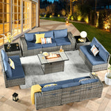 HOOOWOOO 13 Piece Modular Patio Outdoor Sectional Furniture Set with Gas Propane Fire Pit Table,Wicker Conversation Sofa Set,Out Door Couch Set with Wide Arm Outside(Denim Blue) HOOOWOOO