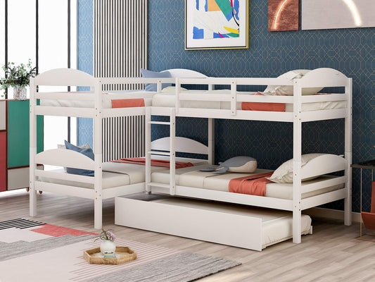 Harper & Bright Designs Quad Bunk Bed with Trundle, L Shaped Bunk Bed for 4 Kids, Wooden Twin Bunk Bed Frame for Kids Teens Adults - White