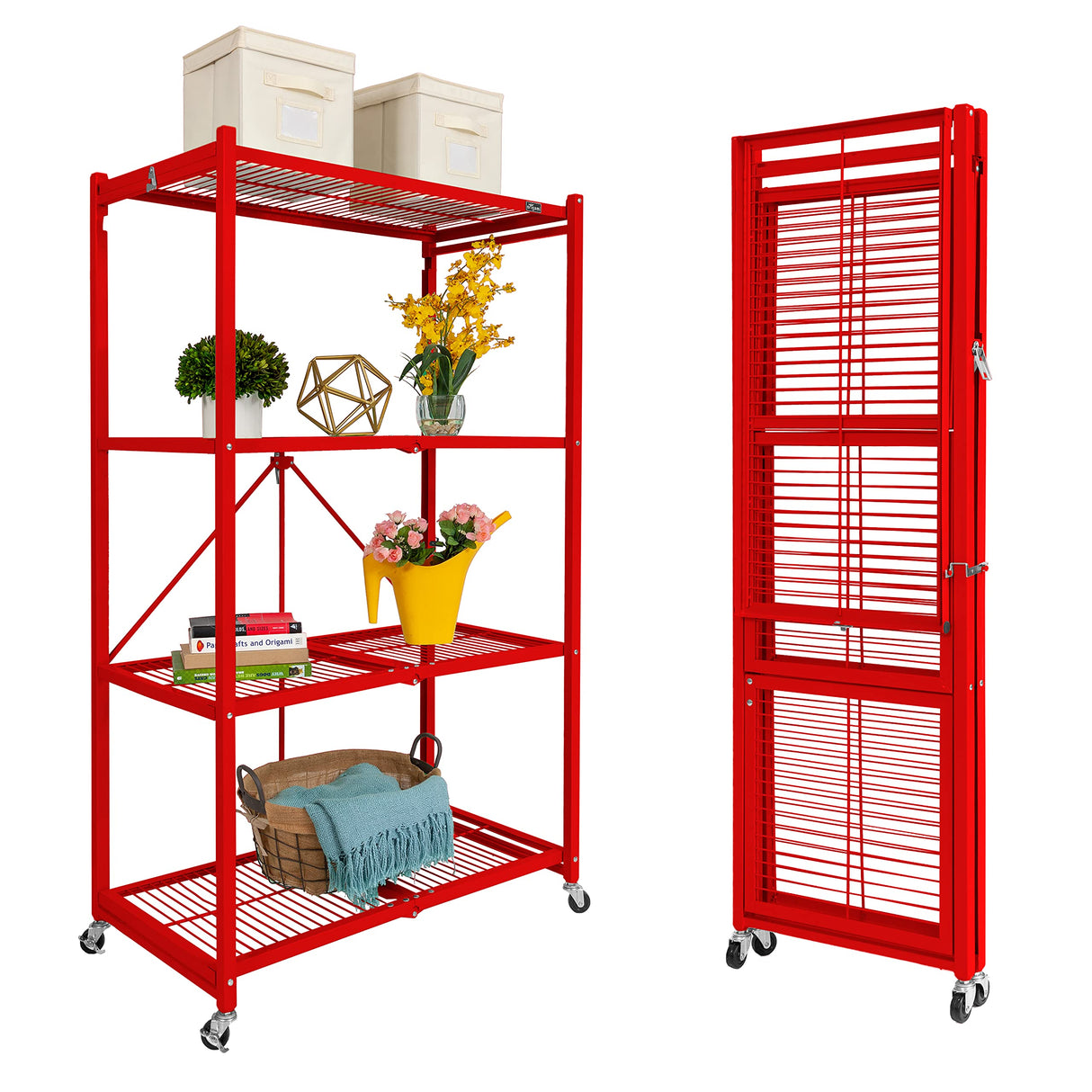 Origami R5 Foldable 4-Tier Garage Shelving Heavy Duty Shelving with Wheels, Metal Storage Rack Holds 1000 pounds, Garage Storage Rack & Organization, Storage Shelving (Red, R5) Origami