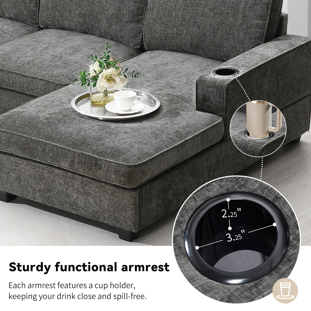 Merax Modern U-Shaped Cloud Couch Set with Oversized Chaise Lounge, Chenille 6-Seat Sectional Sofa Sleeper Bed with Cup Holders for Living Room Dark Gray Merax