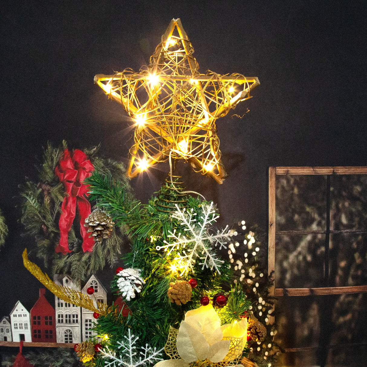 Christmas Tree Topper Farmhouse Christmas Decor Christmas Tree Decorations Rattan Natural Christmas Tree Star with 10 Warm LED Lights for Rustic Christmas Ornaments Holiday Seasonal Decoration 10 Inch LAWOHO