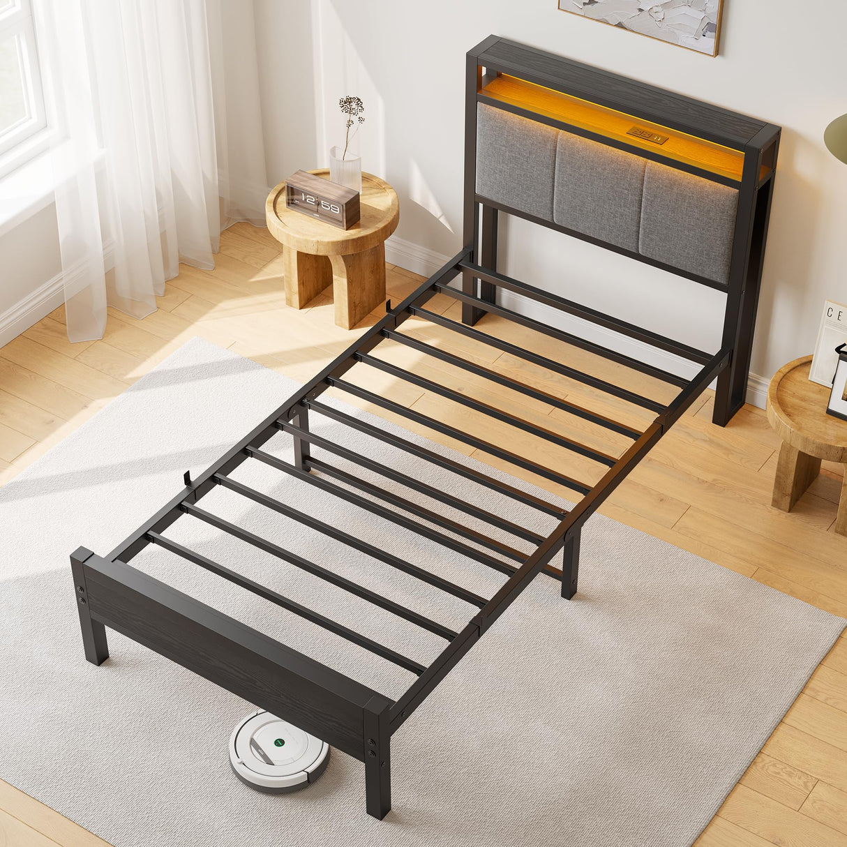 FOUBAM Twin Size Bed Frame with LED Lights and Charging Station, Bed with Storage Headboard,Heavy Duty Metal Slats Support,Mattress Foundation Easy Assembly(Black) FOUBAM