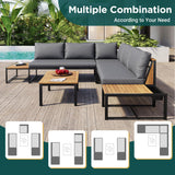 Merax Patio Furniture Set with Coffee Table & Loveseats, 4 Pieces Iron-Wood Design Outdoor Sectional Sofa, L-Shaped Conversation Set with Waterproof Cushions for Garden, Backyard, Poolside, Gray Merax
