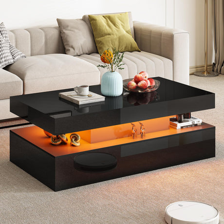 AMERLIFE High Gloss LED Coffee Table, Modern 2-Tier Center Table with LED Lights, Open Storage Space, 40in Simple Rectangular Sofa Side Table for Living Room, Black AMERLIFE