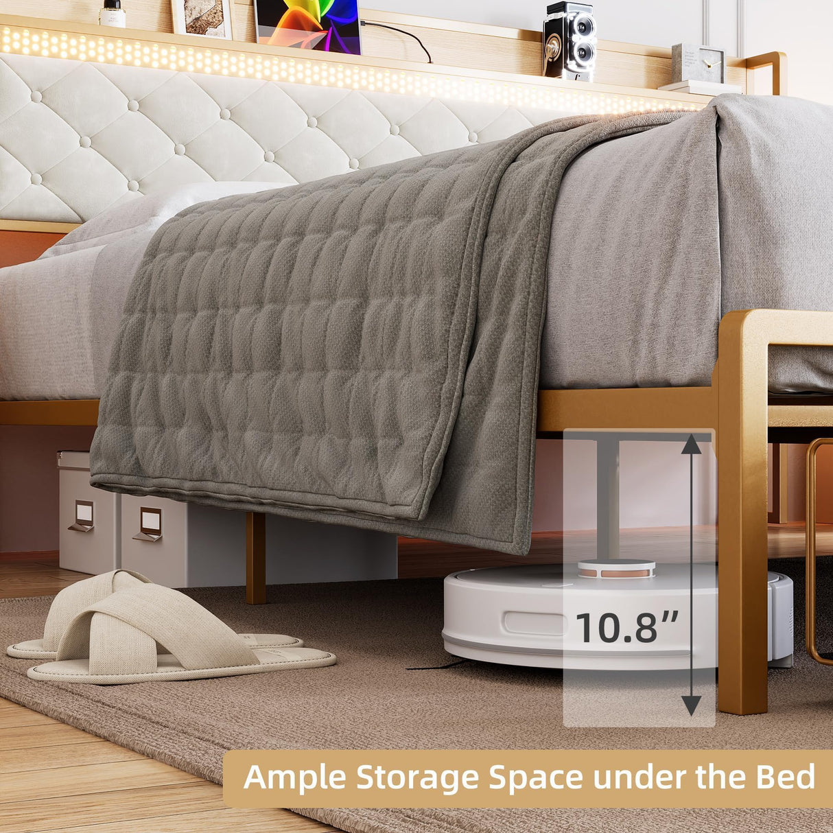 GarveeHome King Bed Frame with 2 Storage Drawers, LED Bed Frame with 2-Tier Storage Headboard&Charging Station, Metal Platform Bed Frame, No Box Spring Needed, Noise Free, White GarveeHome