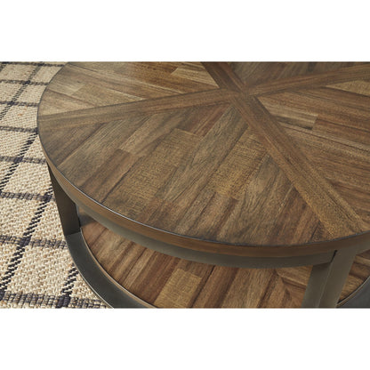 Signature Design by Ashley Roybeck Rustic Round 3-Piece Table Set, Includes 1 Coffee Table and 2 End Tables with Fixed Shelf, Light Brown - WoodArtSupply