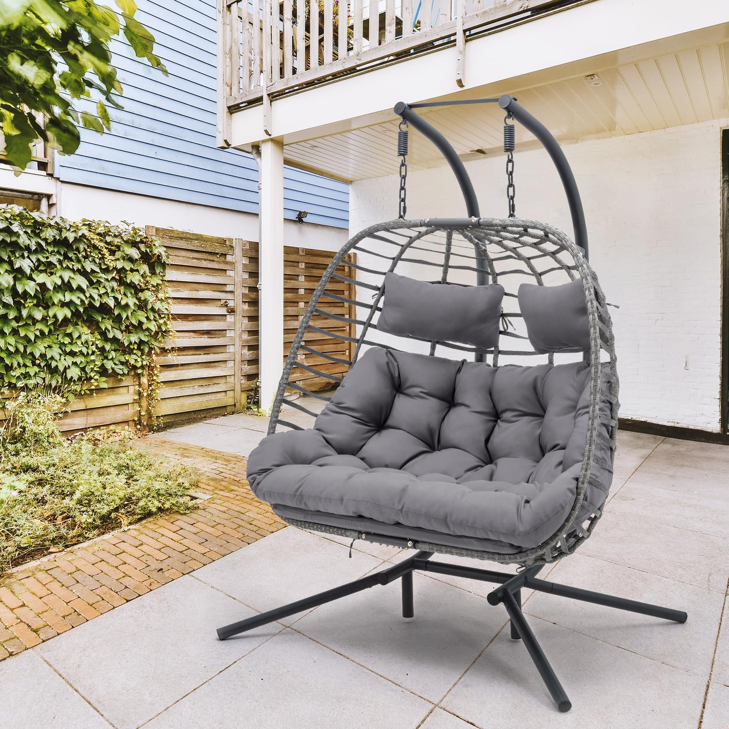 Brafab Double Egg Chair Swing with Stand, Oversized Hand-Woven Wicker Rattan 2-Person Egg Chair for Outdoor Indoor, Hanging Egg Chair with Thick Double Cushion and Sturdy Steel Stand, Charcoal