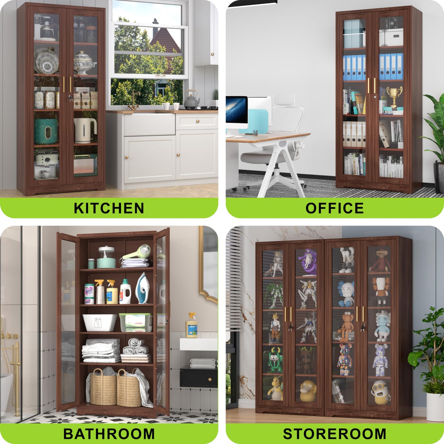 UNICOLY Storage Cabinet with Doors and Shelves, Display Cabinet with Glass Doors, Pantry Cabinet, Curio Cabinet with Locking Doors, Metal Storage Cabinet for Kitchen,Living Room 71” H Brown