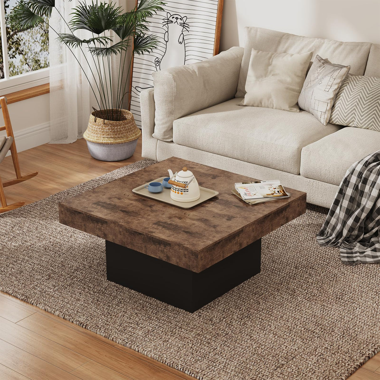 LIVEHOM Square Coffee Table, Wooden Engineered Wood Look Center Tables with Thick Base, Center Accent Table for Living Room LIVEHOM