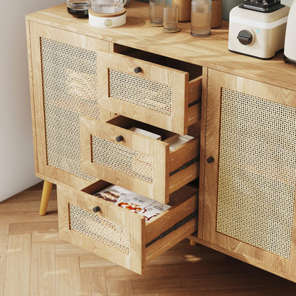 Rattan Cabinet, Boho Accent Cabinet, Buffet Cabinet with Storage, Sideboard Cabinet, Console Table 2 Door and 3 Drawer for Living Room, Dining Room, Entryway Home Decor Oak