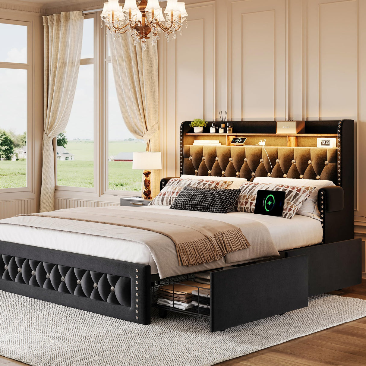 Ailisite Full Size Bed Frame with 4 Storage Drawers,Velvet Upholstered Full Platform Bed with Charging Station and Bookcase Storage Headboard, Led Full Bed Frame, No Box Spring Needed,Black Ailisite