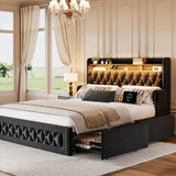 Ailisite Full Size Bed Frame with 4 Storage Drawers,Velvet Upholstered Full Platform Bed with Charging Station and Bookcase Storage Headboard, Led Full Bed Frame, No Box Spring Needed,Black Ailisite