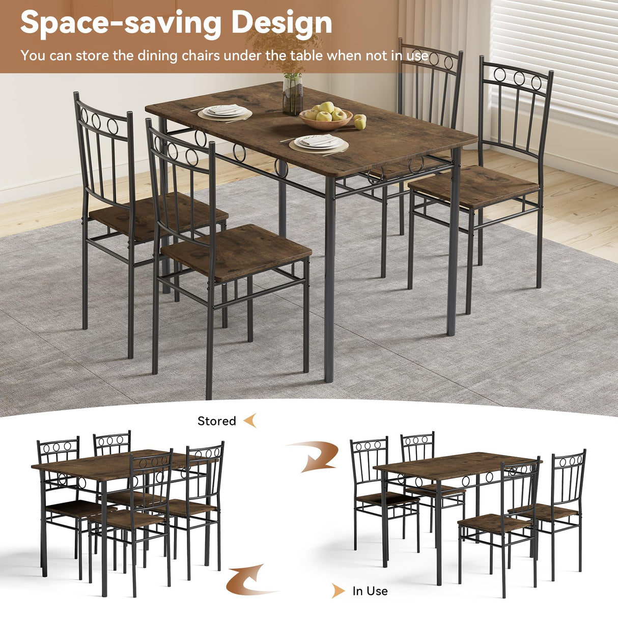 AMICLIBER Dining Table Set for 4, 5-Piece Kitchen Table and Chairs, Rectangular Dining Room Table Set with 4 Chairs, Space-Saving Kitchen Table Set for Small Space,Dinette,Apartment,Retro Brown AMICLIBER