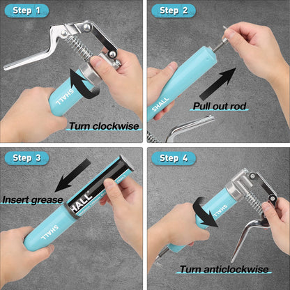 SHALL Mini Grease Gun, Small Grease Gun Kit (3.52OZ Capacity, 3000PSI) with 2PCS 4-Jaw couplers, Sharp Nozzle, Extension Adapter, 3OZ Cartridge Grease, Reinforced PVC Glove & Zerk Fitting Cle - WoodArtSupply